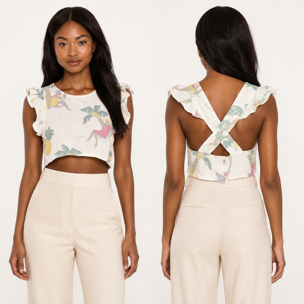 Place Nationale Tropical Linen Open Back Ruffle Crop Top Women's XS Size 1